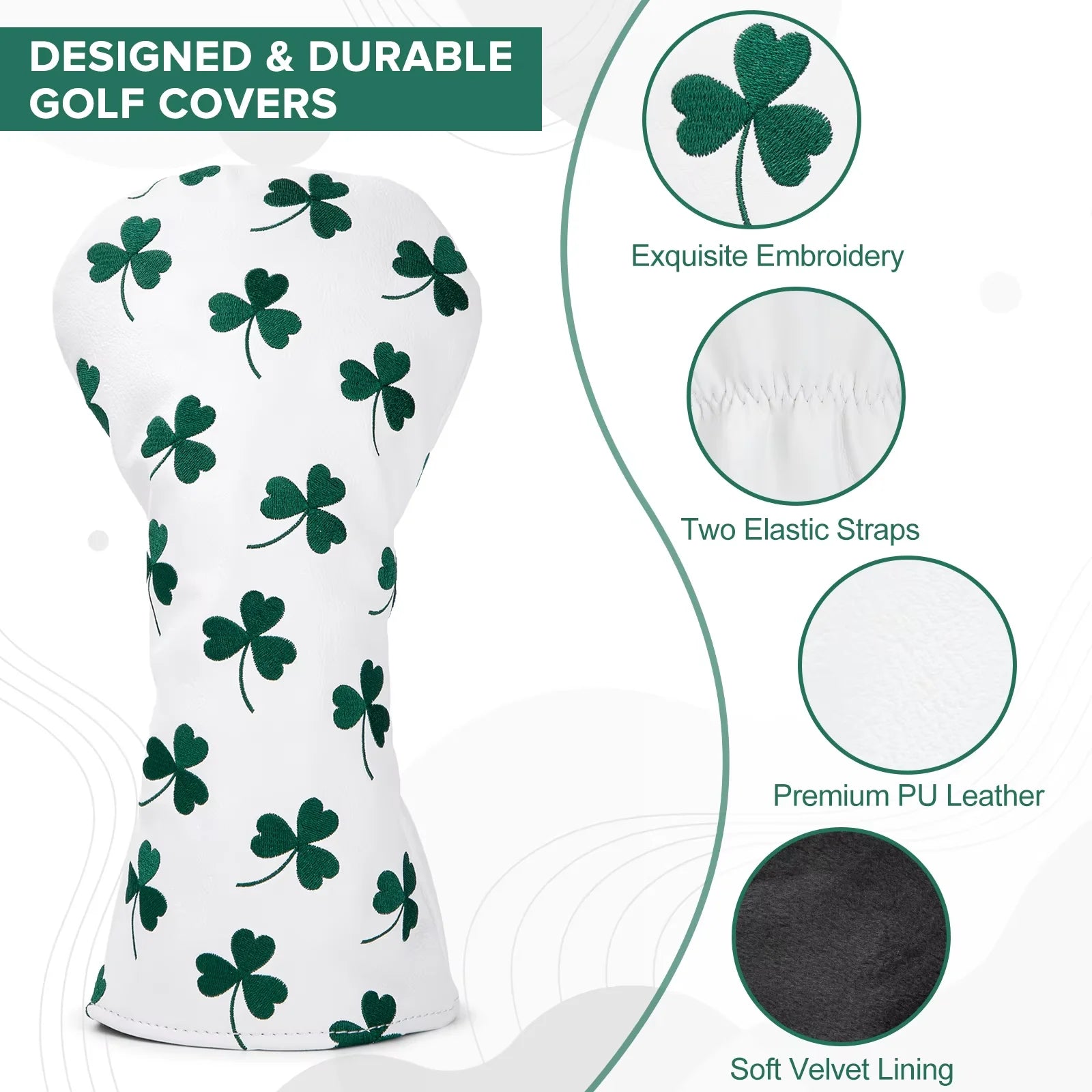 Lucky Clover Head Covers - 3 Piece Set or 1 Piece - Driver, Wood, Hybrid