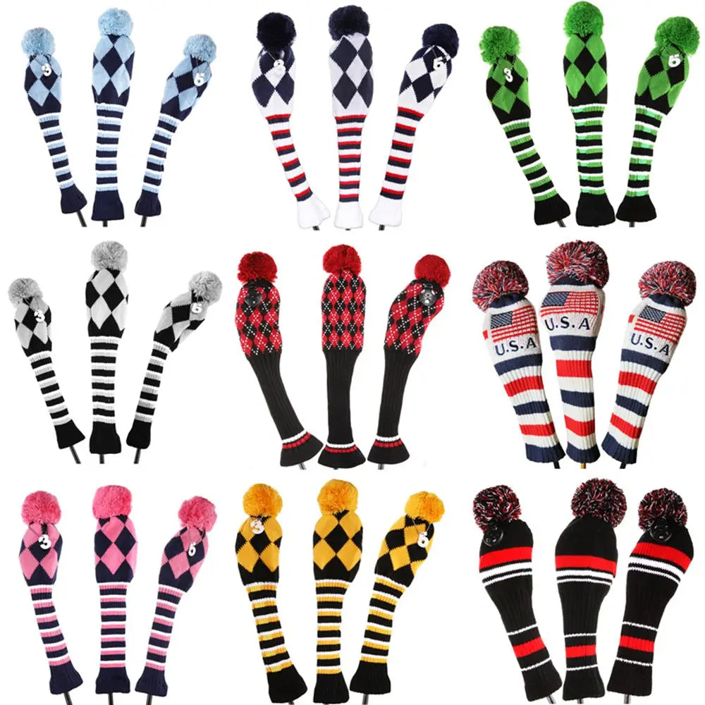Colored Knitted Head Covers - 3 Piece Sets - Driver, Wood, Hybrid
