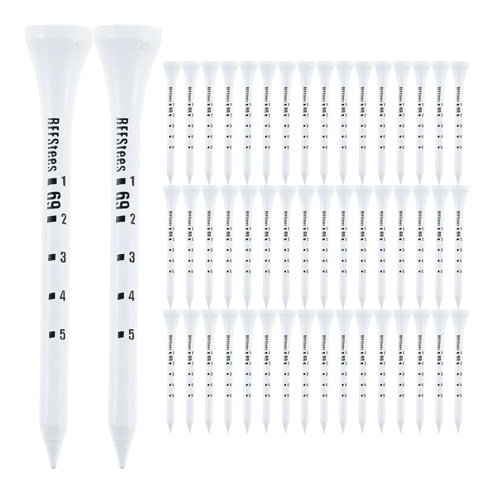 50pcs 53/69mm Wood Golf Tees Low Resistance Professional System White Wooden Striped Digital Scale Tees for Golf Training Aids